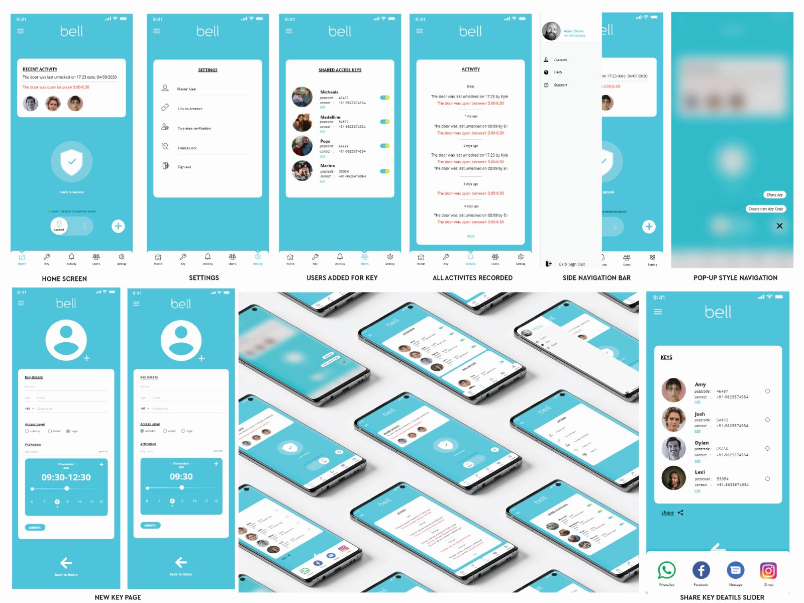App screens including home, settings, shared keys, activity records and alerts