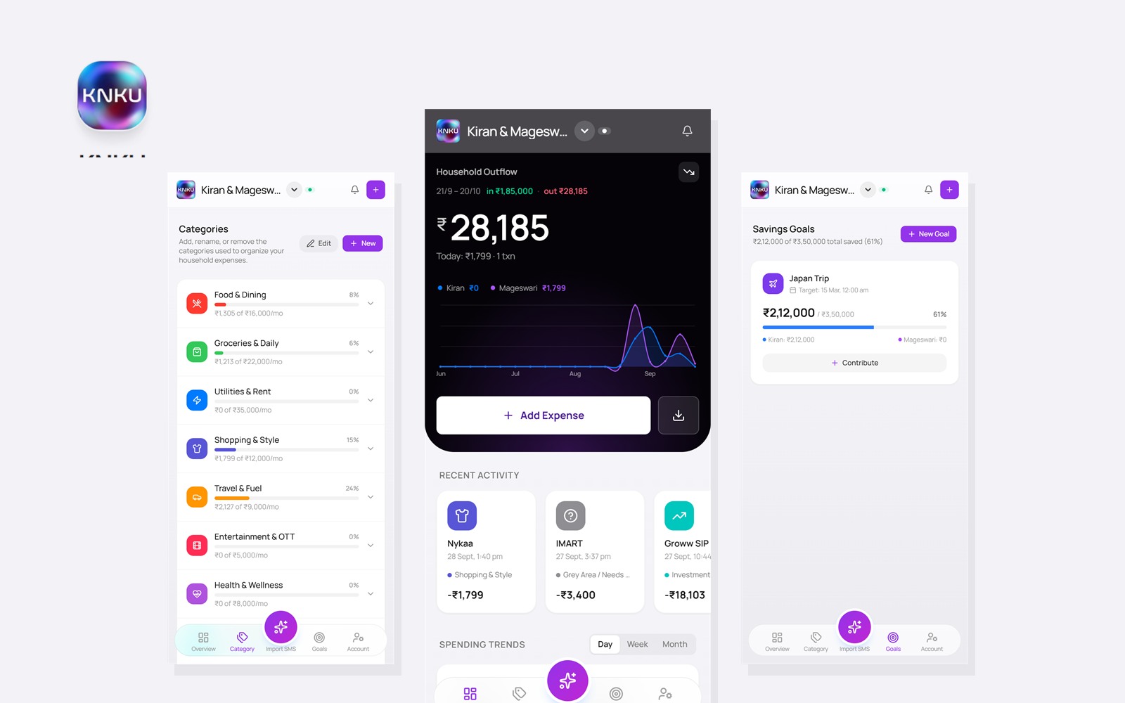 KNKU household ledger: category, overview and savings screens