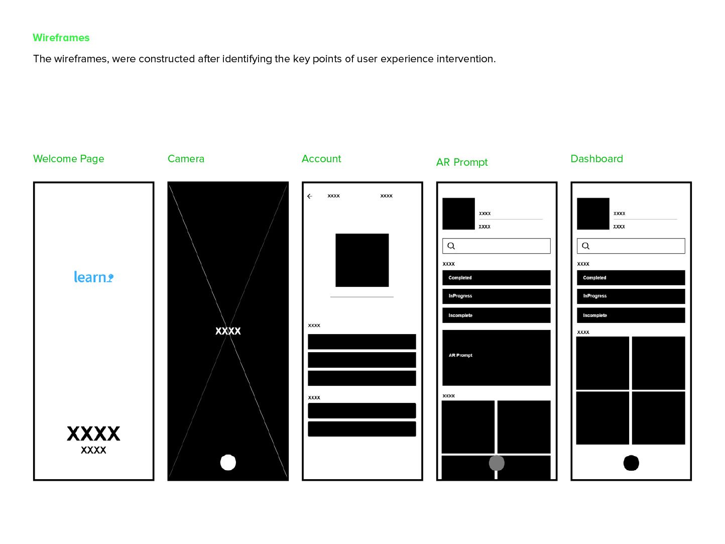 LearnARcade: Wireframes - welcome, camera, account, AR prompt, dashboard