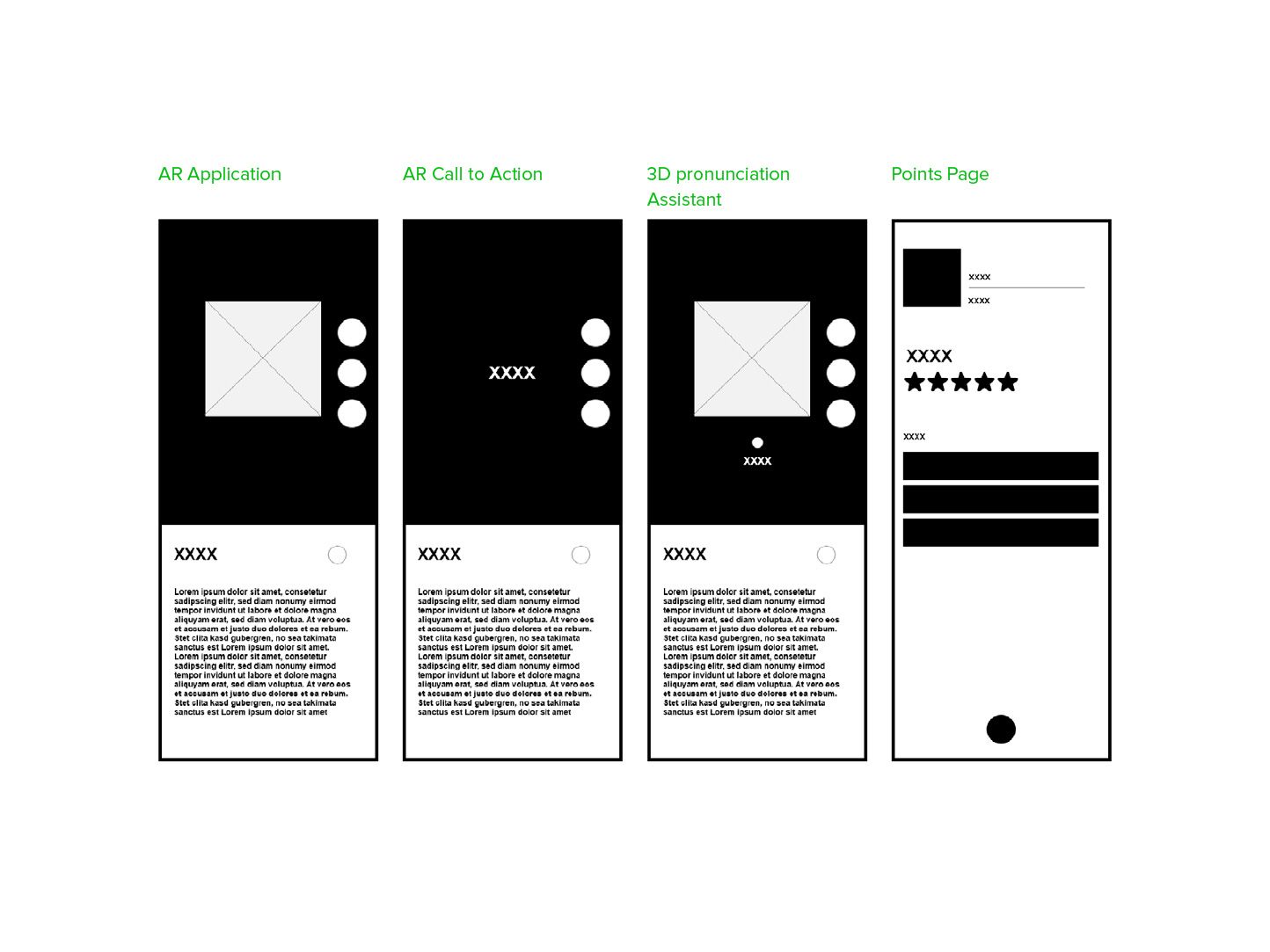 LearnARcade: Wireframes - AR application, call to action, pronunciation, points