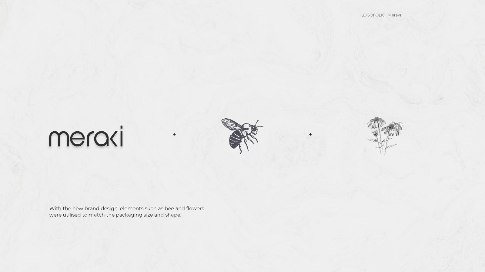 Meraki brand elements: line-drawn bee and flower