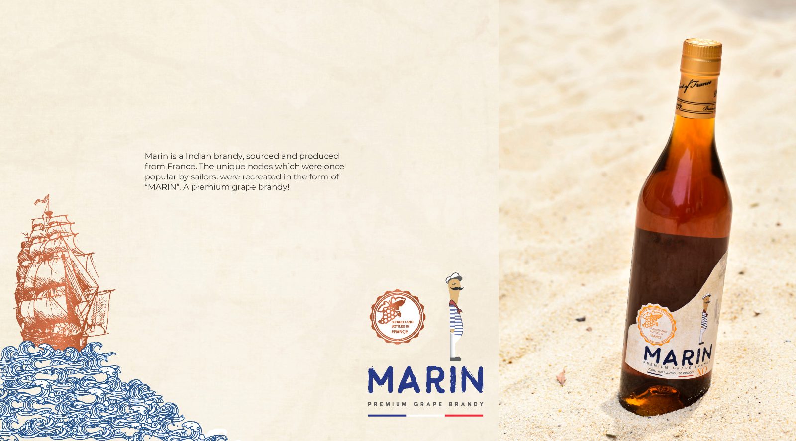 Marin premium grape brandy with ship illustration and bottle