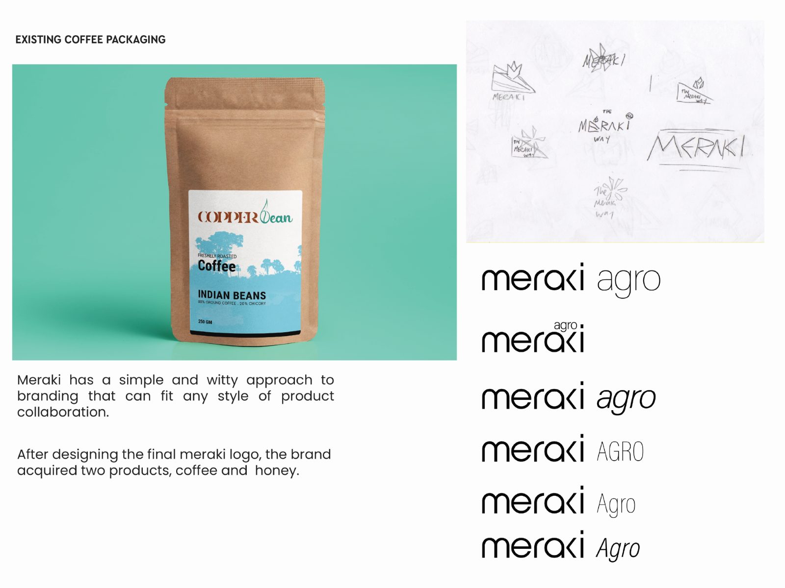 Existing coffee packaging with logo sketches and lockup variations