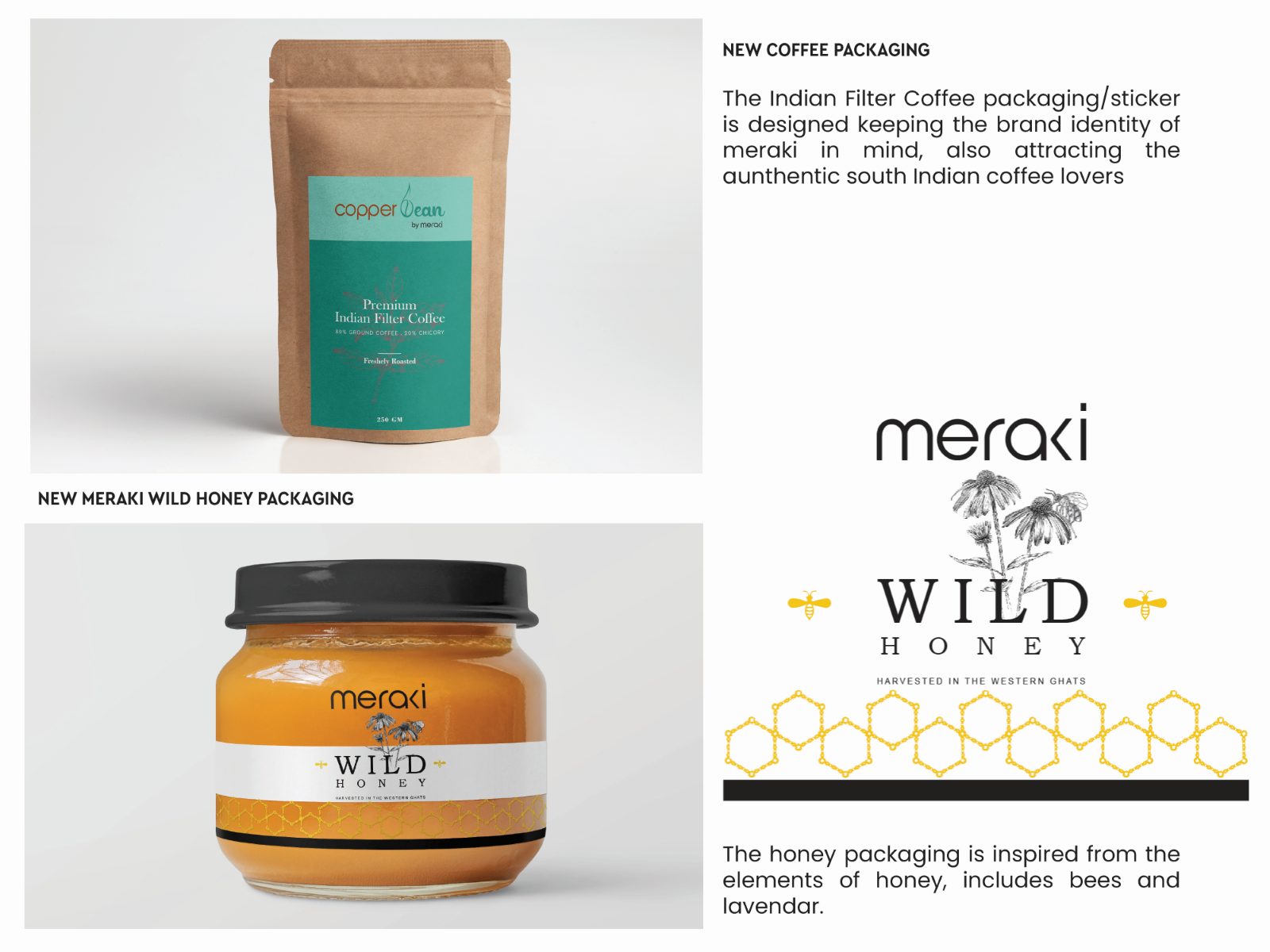 New Copper Bean coffee packaging and Wild Honey jar