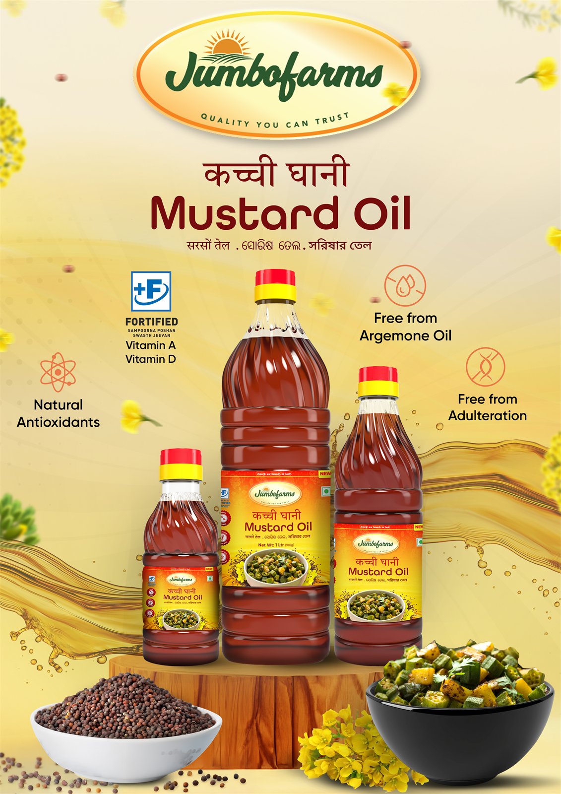 Campaign poster: the three sizes against the mustard field