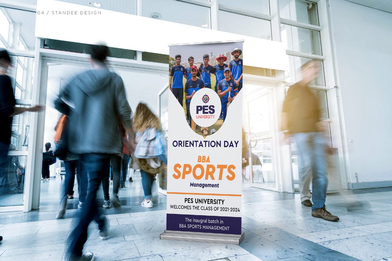 Orientation day standee in a university foyer