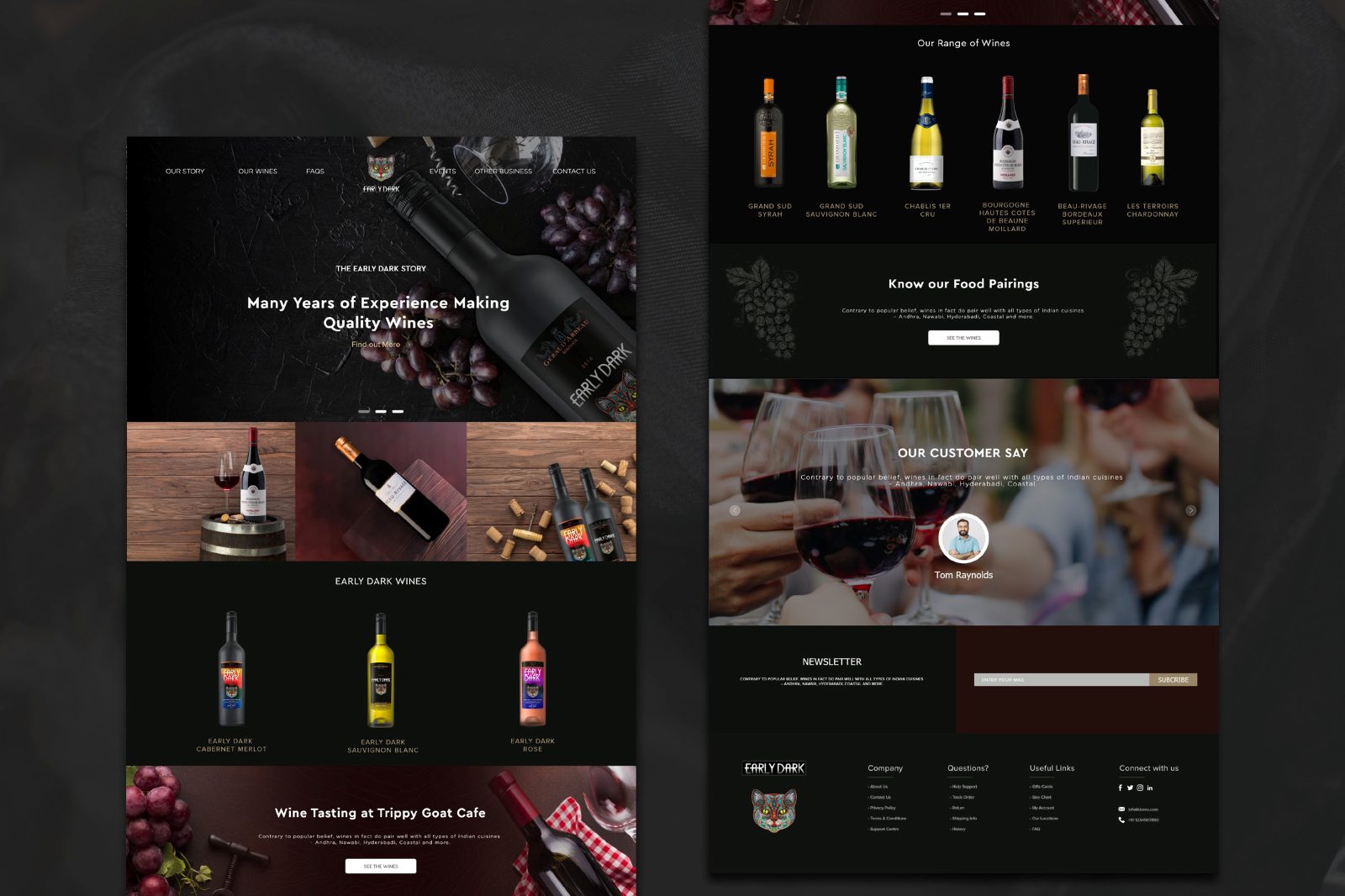 Website design showing the range, tasting notes and food pairings