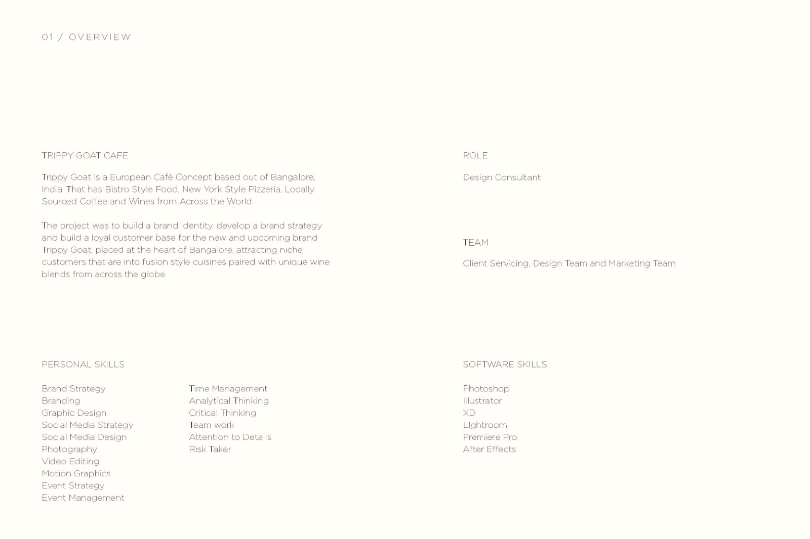 Overview spread listing the brief, role and skills