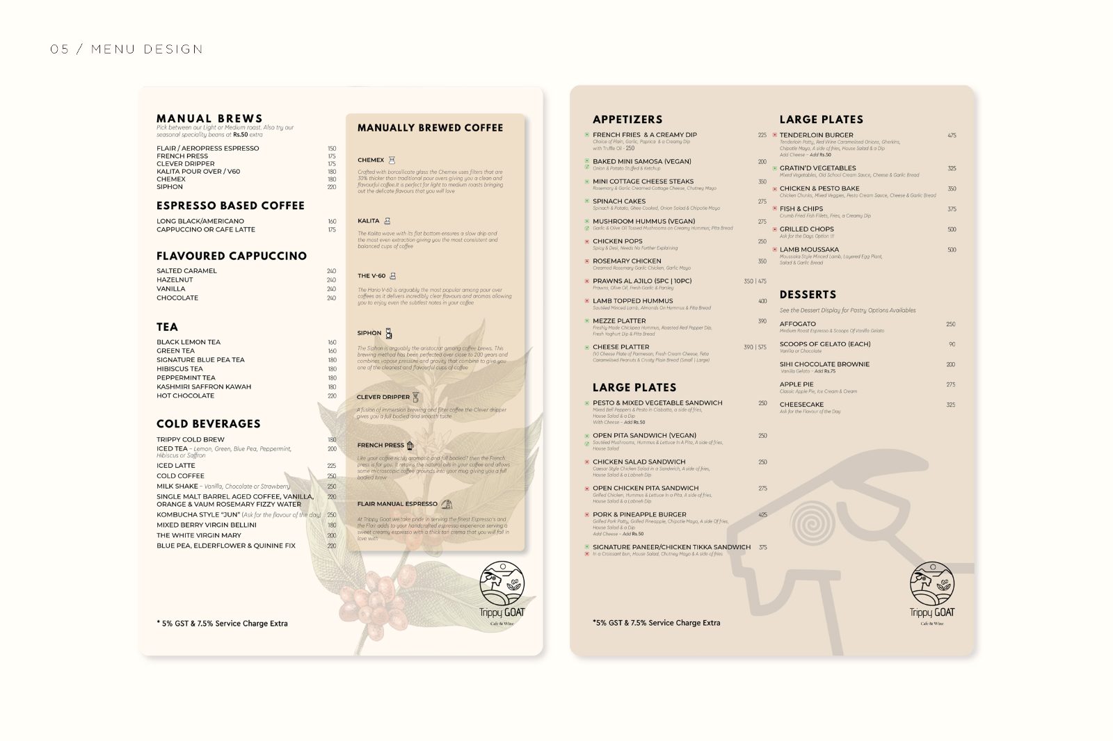 Trippy Goat menu layouts for coffee, plates and desserts