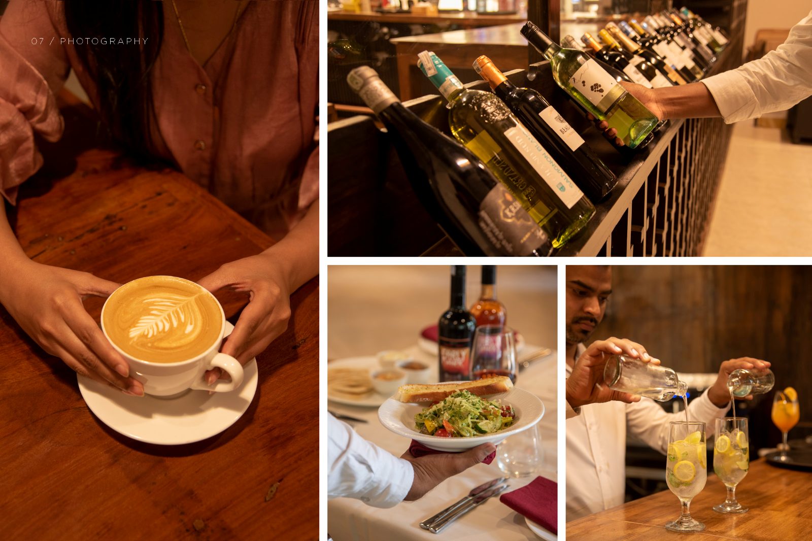 Photography grid of the cafe, wine and plated food