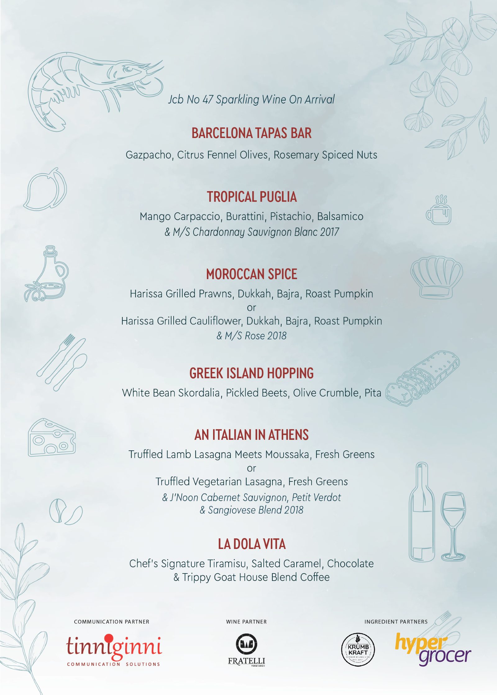 Menu listing six Mediterranean courses with wine pairings
