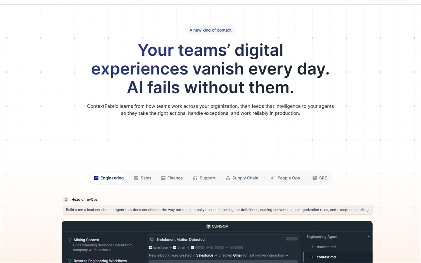 The Workfabric AI site opening on its headline about vanishing digital experiences