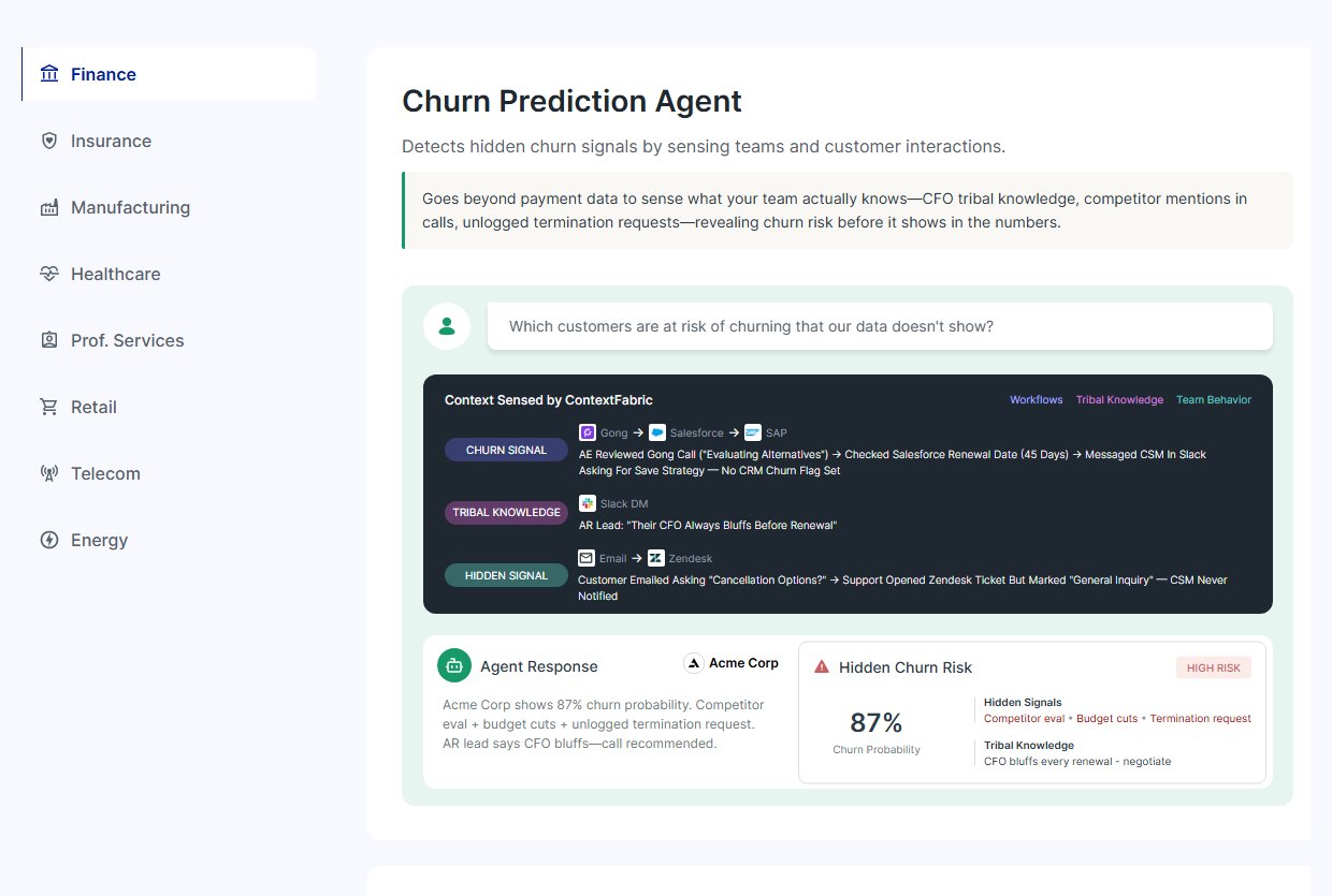 The industries section with a churn prediction agent worked through in detail